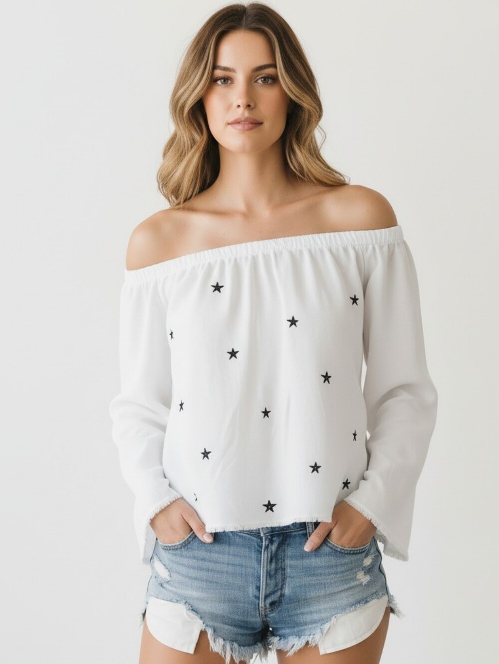 Anthropologie Cloth & Stone Tencel Off-Shoulder Star Print Blouse Top